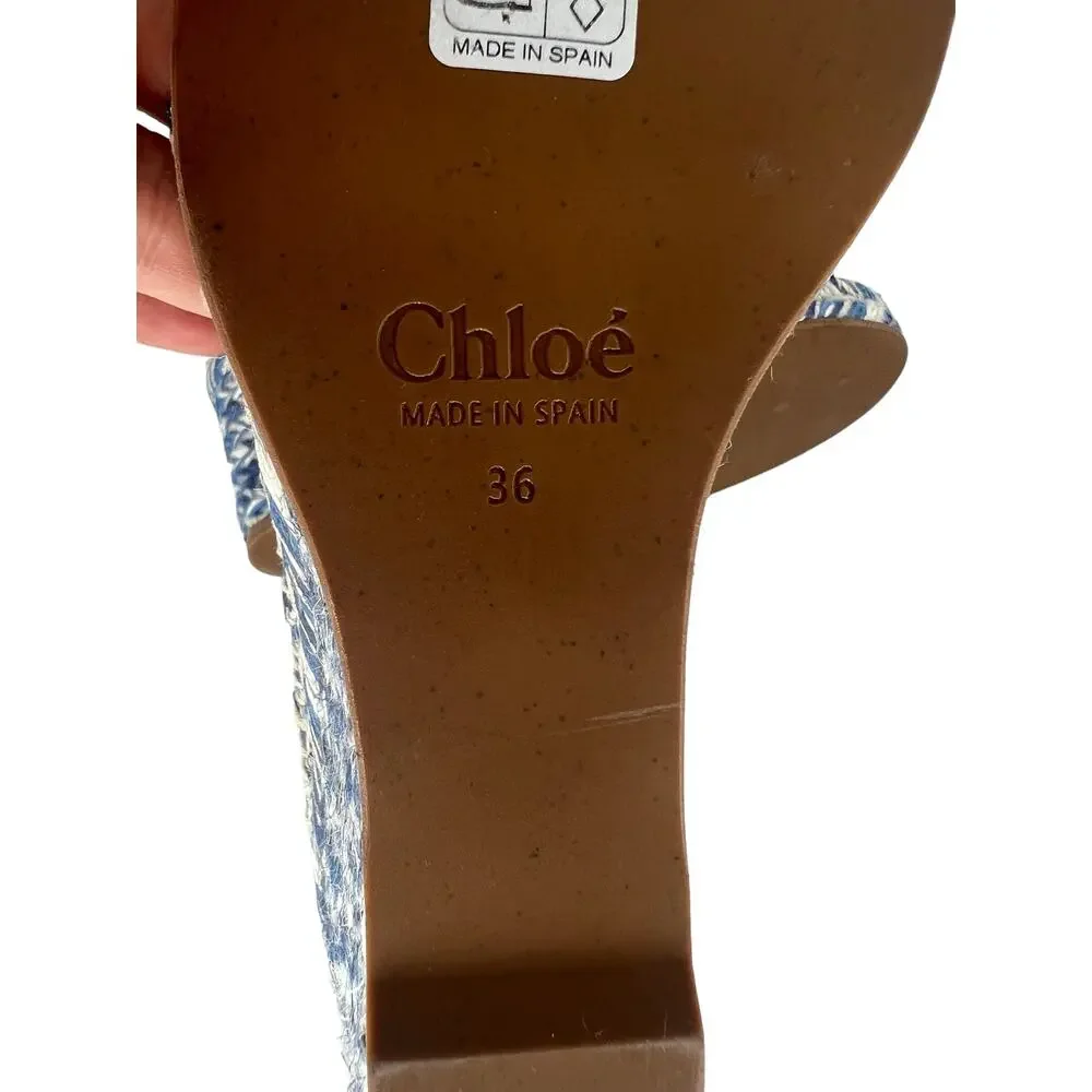 Chloe Piia Denim Logo Espadrille Wedge Sandals with Leather Straps‎ Size 36